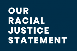 Dark blue background with bold words: 
