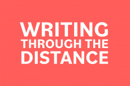 writing through the distance logo, white text on pink background