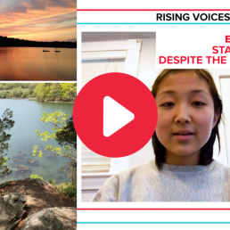 Screenshot of live stream - video still of student with photo essay pictures on left side