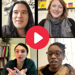 Image of 4 smiling teachers in a grid, with play button in the middle to indicate a video